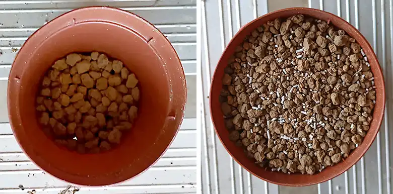左：大きめの花玉土を入れて、右：配合土を9分目くらいまで入れる。オルトランを振りかけておきましょう。