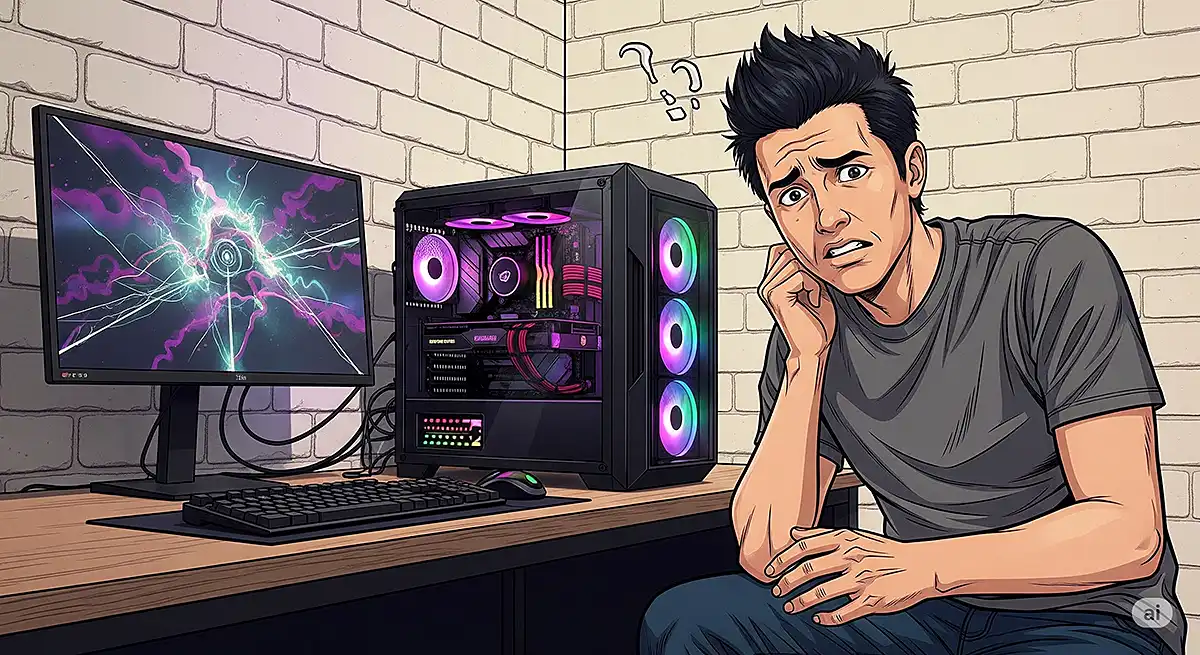 文鎮化したPCを前に唖然とするユーザー