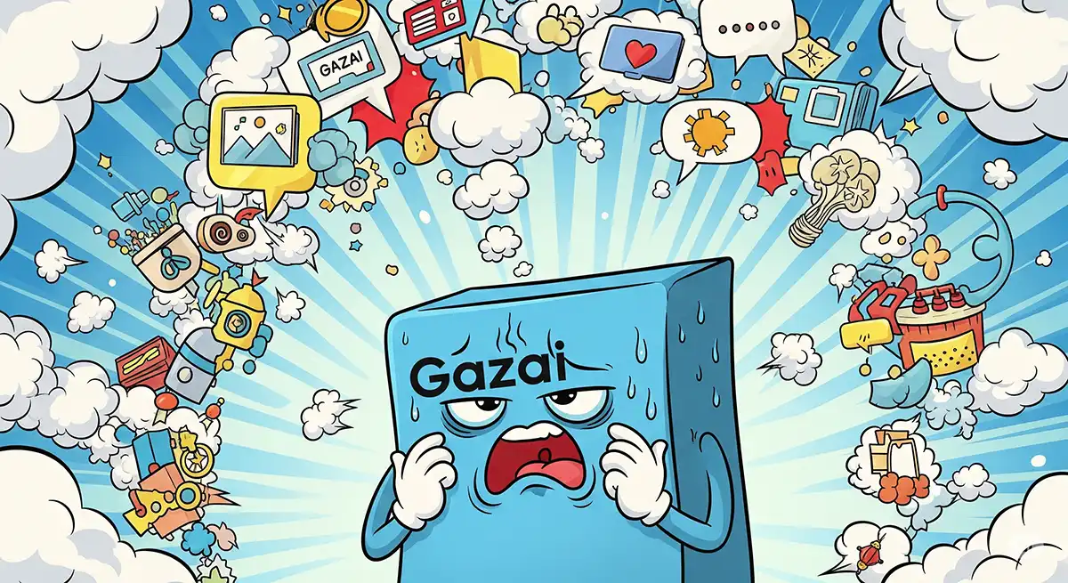 GAZAIプロンプトジェネレーターが理想の画像を生成するためのプロンプトを汗を垂らしながら必死に考えている場面