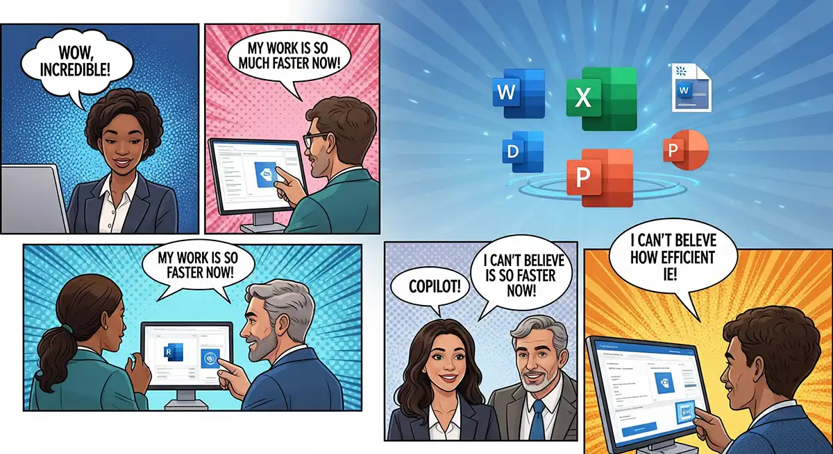 Microsoft 365で活用したCopilotが業務効率化を成し遂げて胸を張っている姿とそれを称えるユーザー達