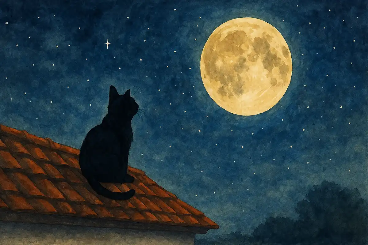 満月の夜、屋根の上で星を見上げる、水彩画風の黒猫（16:9）