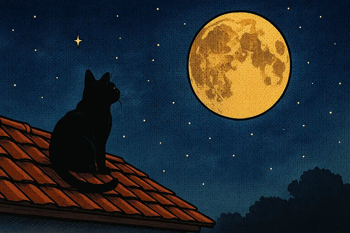コミック風満月の夜、屋根の上で星を見上げる、水彩画風の黒猫