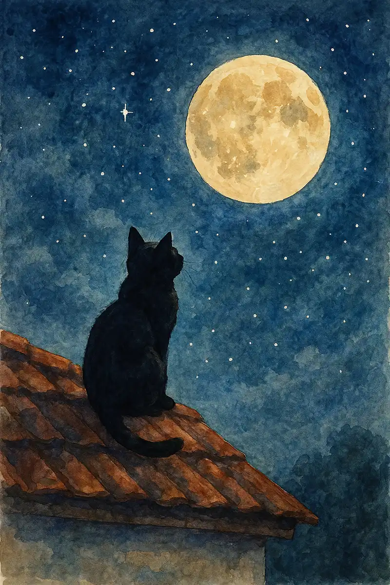 満月の夜、屋根の上で星を見上げる、水彩画風の黒猫