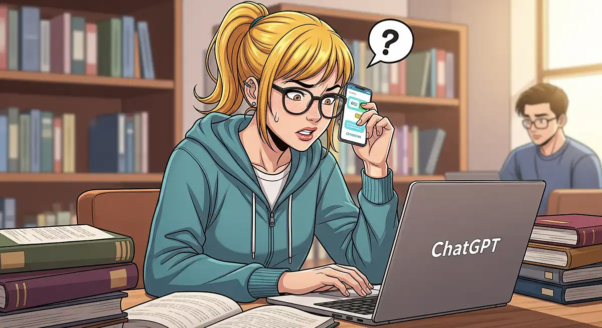パソコン画面でChatGPTの使い方を覚えようとしているがなかなかうまくいかず四苦八苦している文系の女子大生