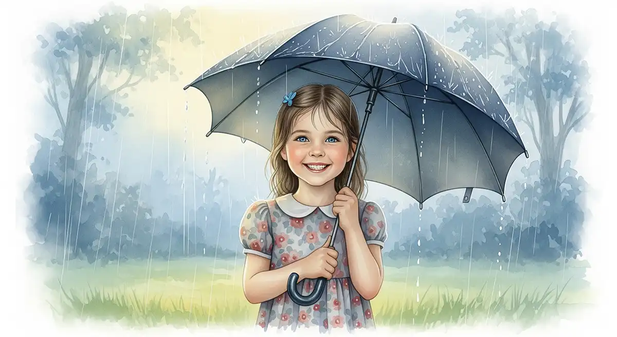 雨の中、傘をさして微笑む少女、水彩画、ノスタルジックな雰囲気