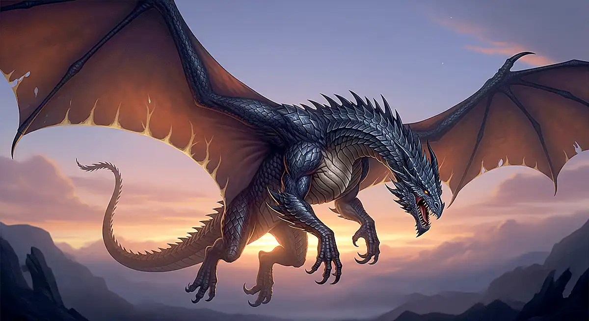 夕暮れの空を背景にした巨大なドラゴンが飛んでいるファンタジーアート、ディテールが細かく、壮大なスケール、デジタルペインティング