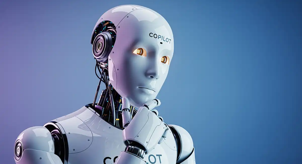 あごに手を当てながら著作権や商用利用について悩むCopilotロボット