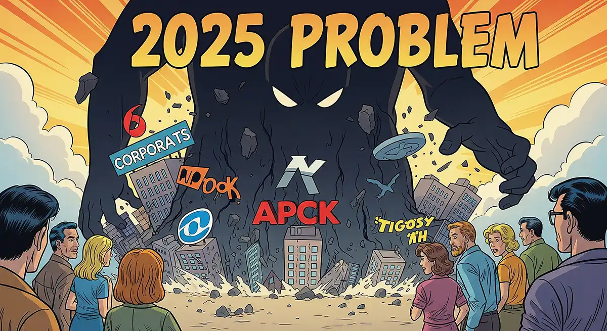 2025年問題に押しつぶされそうになっている企業と心配そうに見ている一般市民