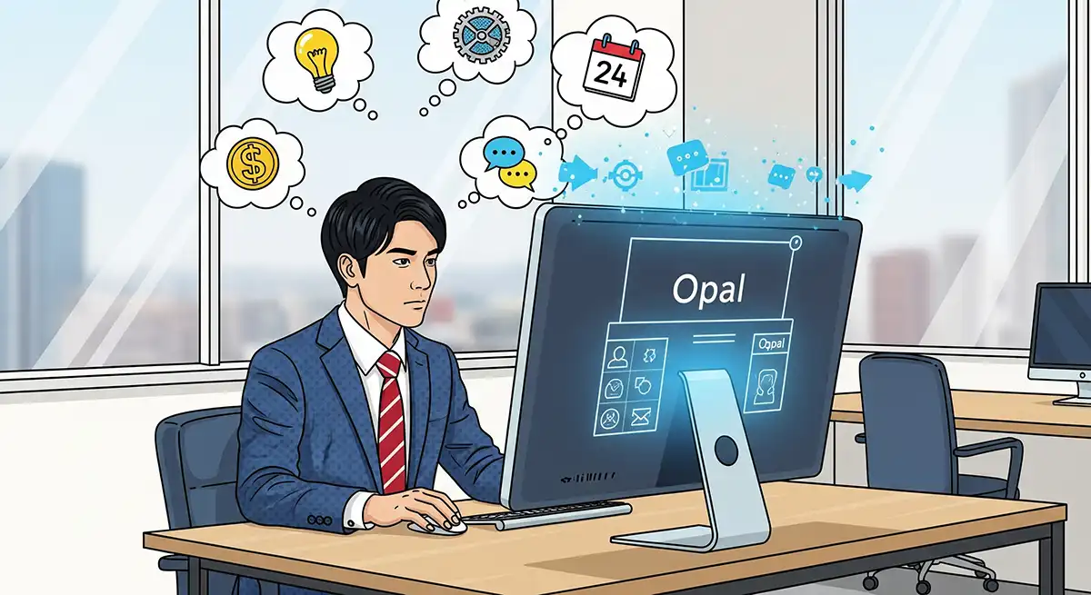 サラリーマンがOpalを使って使い勝手の良いミニアプリを想像している場面