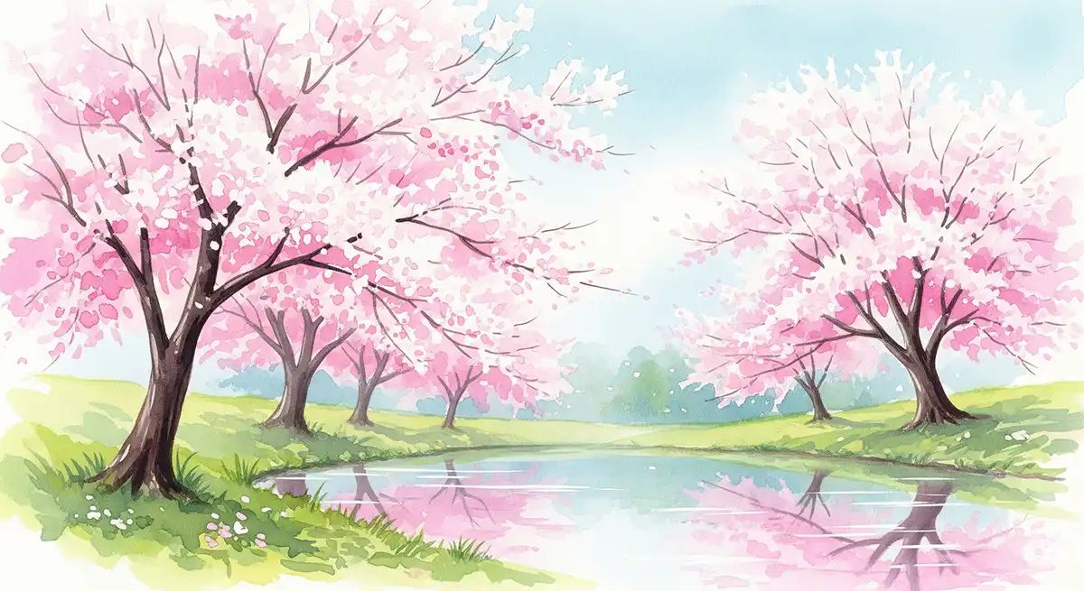 桜並木の風景、水彩画風、春、柔らかな色合い