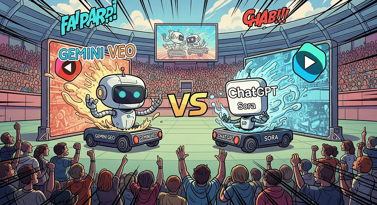 Gemini veoロボとChatGPT soraロゴがお互いに動画生成で競い合っているイメージ画像