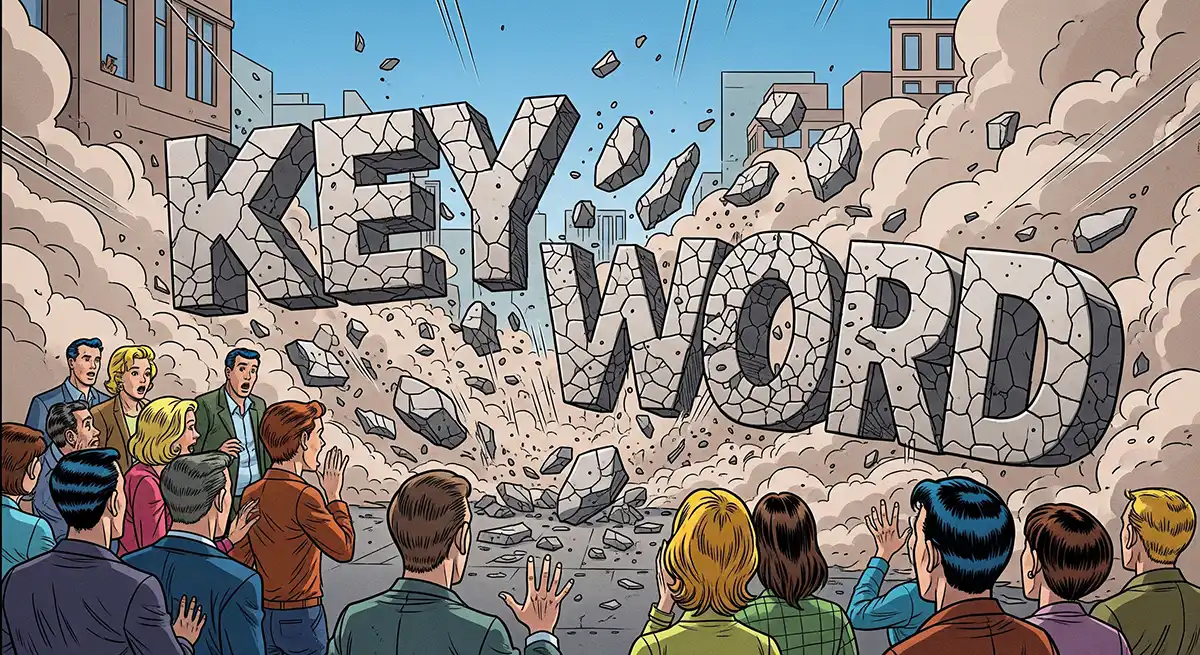 「KEY WORD」という文字がガラガラと崩れ落ちる様