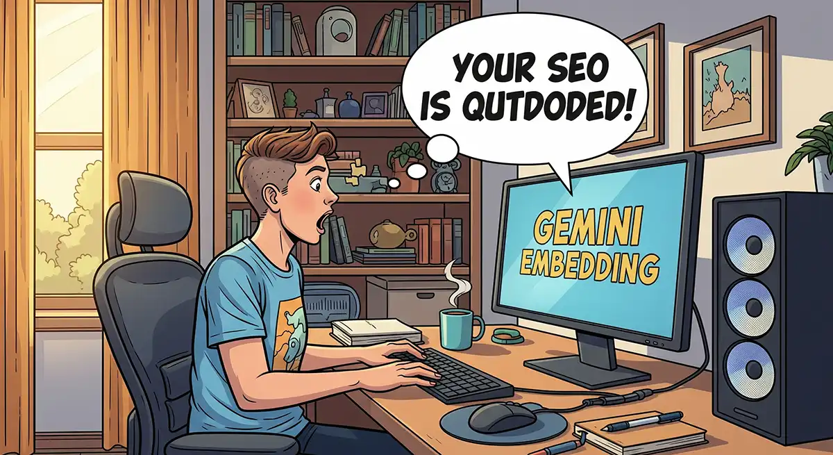 自宅の勉強部屋でパソコンのモニターを見ているブロガーが、「Gemini Embedding」から「おまえのSEOは時代遅れだ！」と指摘され、驚いている様子
