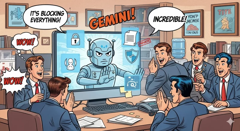 パソコン画面内のGeminiロボが個人情報や機密情報をはじき返している場面