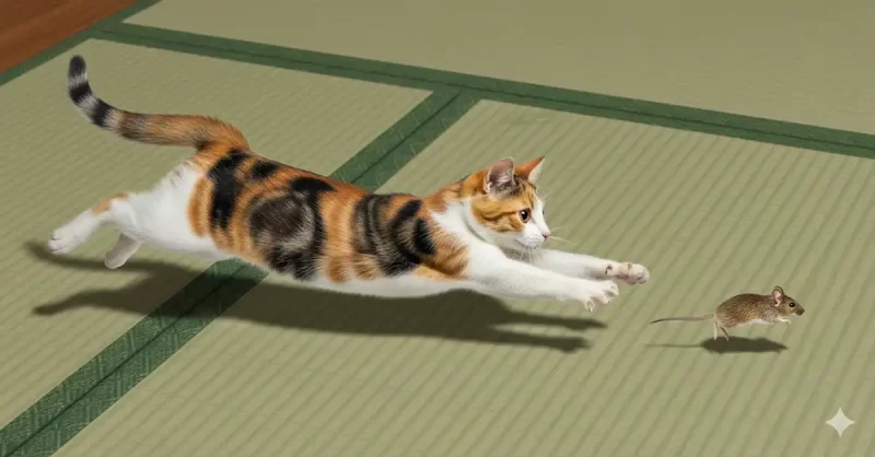 ネズミを追いかけている三毛猫フィギュア