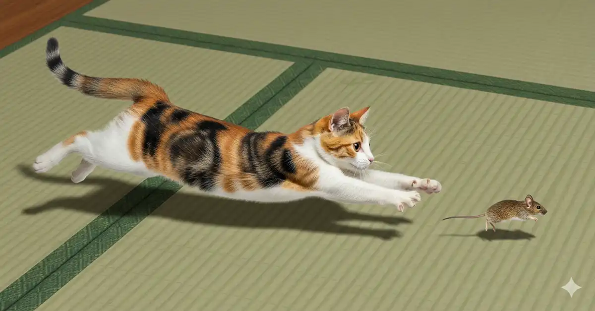 ネズミを追いかけている三毛猫フィギュア