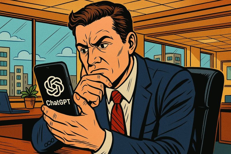 スマホにインストールしたChatGPTアプリを見つめながら、偽物ではないかと怪訝そうな顔をして疑っているサラリーマン