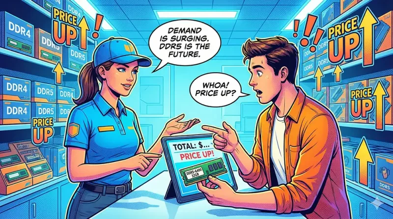 BTOパソコンショップの店員とパソコン好きのお客さんがメモリパッケージと見積書を見ながら会話している