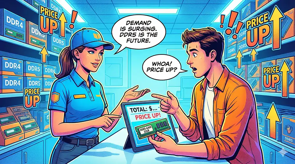 BTOパソコンショップの店員とパソコン好きのお客さんがメモリパッケージと見積書を見ながら会話している