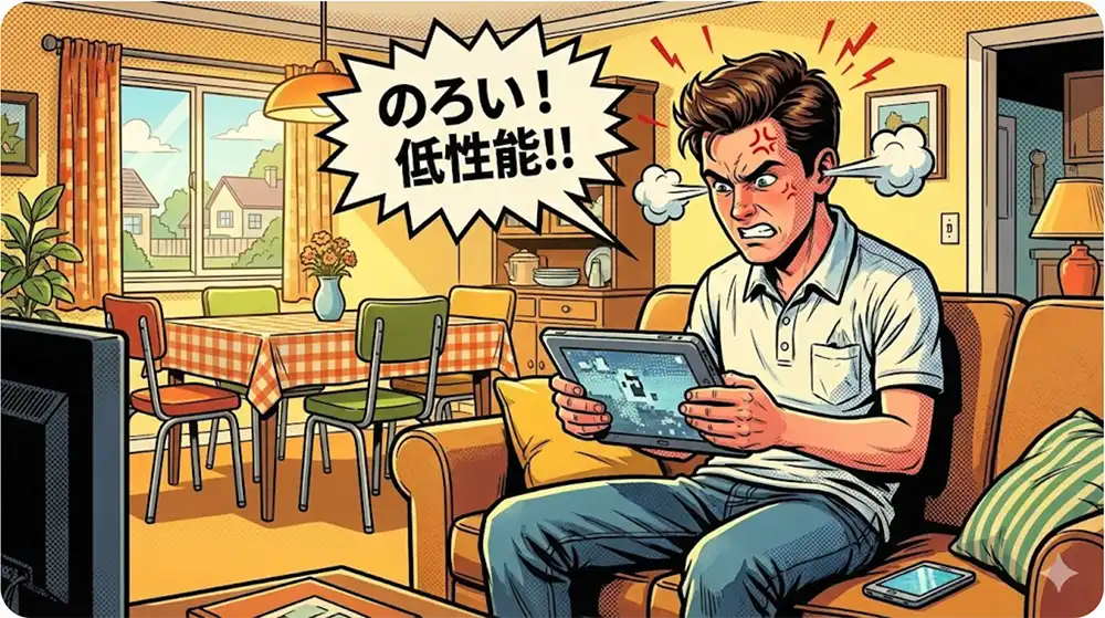低性能タブレットにイライラしている青年