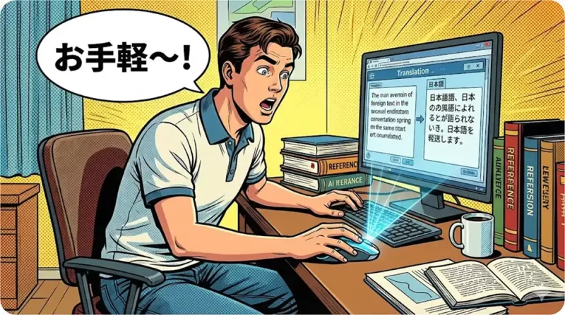 AIを搭載した最新マウスを使って画面上の文字を翻訳している大学生