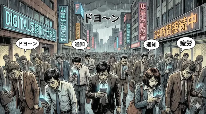 裁量性による際限のない労働で疲れ果てた男女労働者がオフィス街をさまよっている様