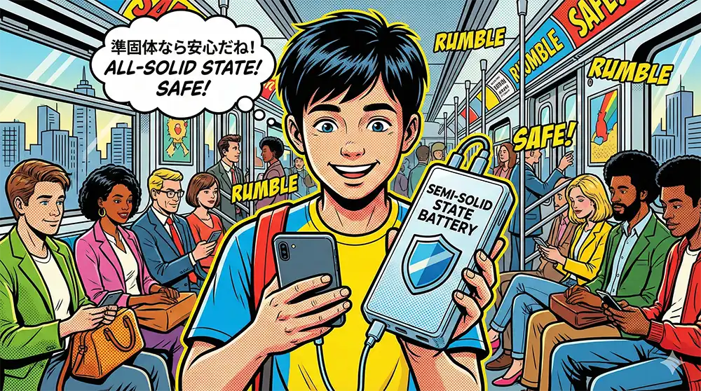 手にしたスマホに接続した準固体電池モバイルバッテリーをみながら「準固体なら安心だね！」とホッとした笑顔を浮かべている若者