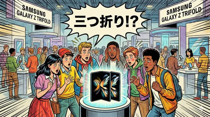 Samsung Galaxy Z TriFoldの展示をみて、三つ折りスマホに驚いている若者