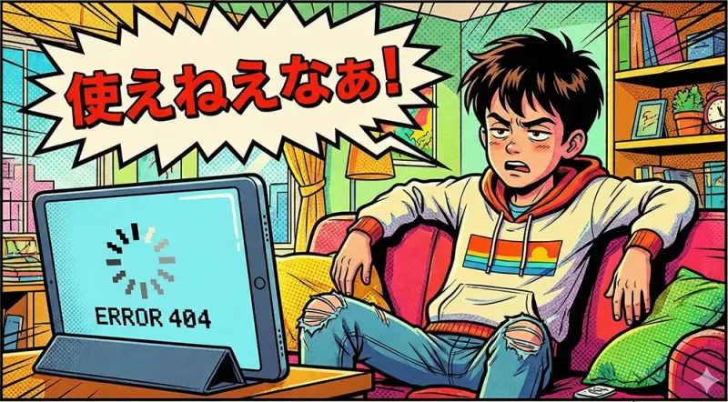 低性能タブレットを前にして「使えねえなぁ！」とあきれた顔をしている若者