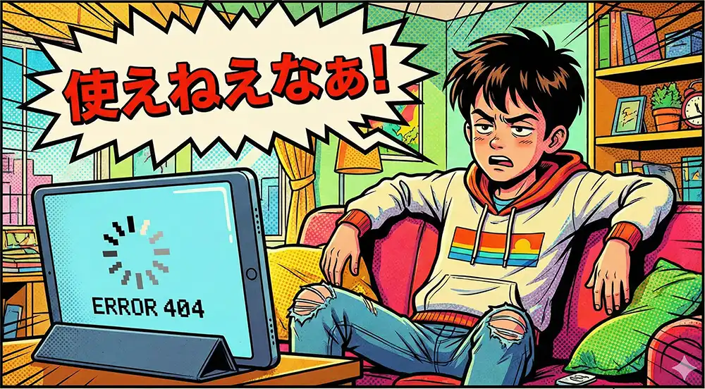 低性能タブレットを前にして「使えねえなぁ！」とあきれた顔をしている若者