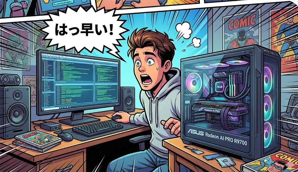AMD Radeon AI PRO R9700搭載ビデオカードを使ったPCを使い、あまりの早さにビックリしている大学生
