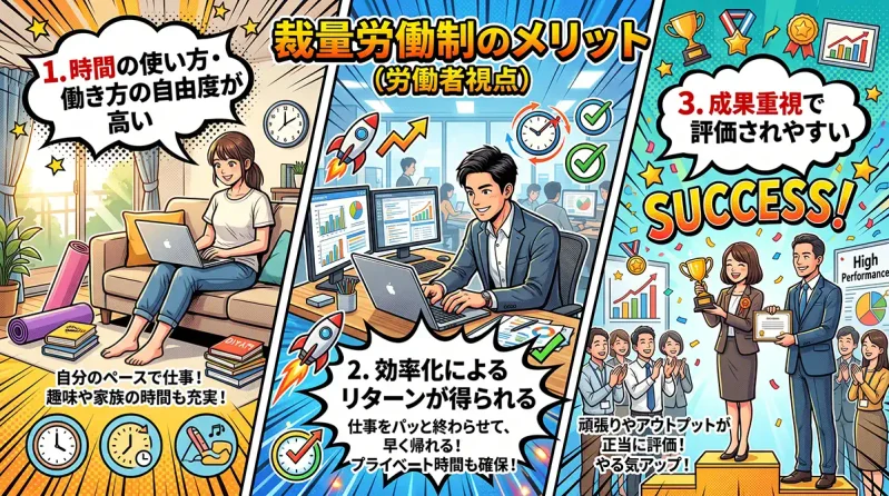 労働者側から見た裁量労働制のメリット
1.時間の使い方・働き方の自由度が高い
2.効率化によるリターンが得られる
3.成果重視で評価されやすい