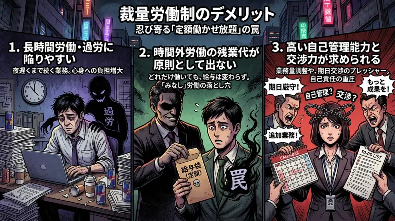 【裁量労働制のデメリット】忍び寄る「定額働かせ放題」の罠
1.長時間労働・過労に陥りやすい
2.時間外労働の残業代が原則として出ない
3.高い自己管理能力と交渉力が求められる