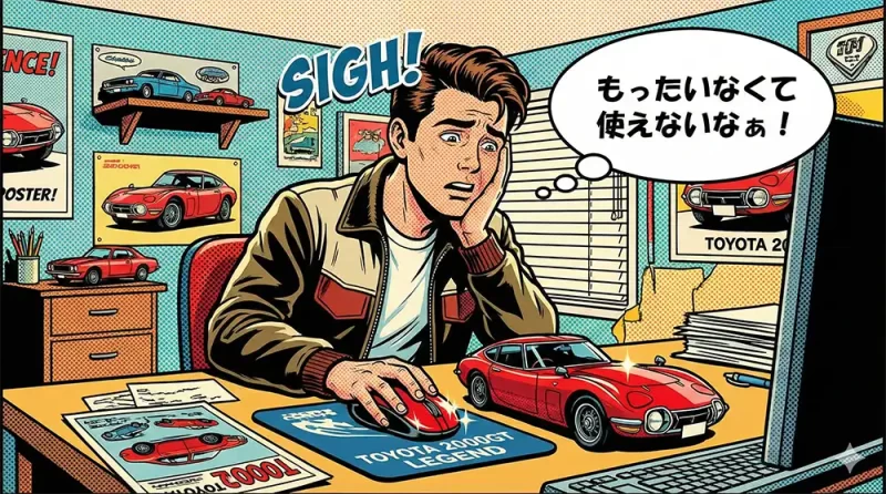 机上のトヨタ2000GT型マウスを見つめながら「もったいなくて使えないなぁ！」とため息をついている名車マニアの青年